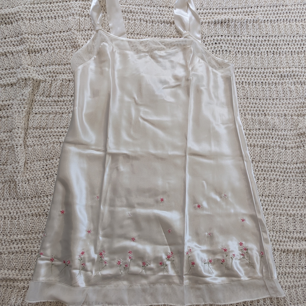 White Satin Coquette Mini Slip Dress with Pink Flowers